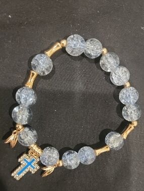 Blue Crackle Glass Beaded Bracelet with Turquoise Cross Charm